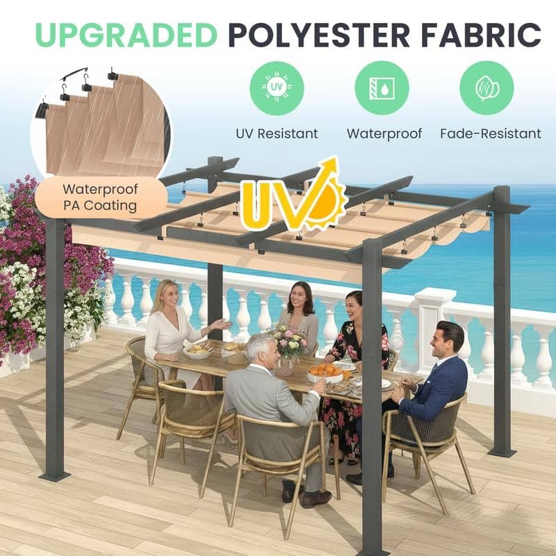 EROMMY 10' x 13' Outdoor Pergola with Retractable Canopy, Heavy-Duty Metal Frame and Adjustable Patio Shade Roof