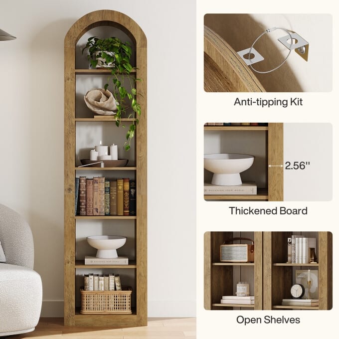 6-Tier Wooden Tall Bookshelf, 74.8 Inches Rustic Arched Bookcase