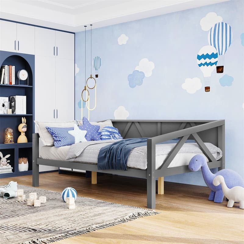 Merax Rustic Style Wood Daybed with Wood Slat Support - Grey - Full