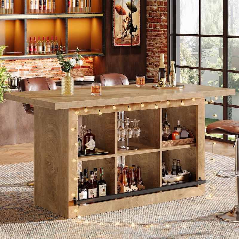 Counter Height Bar Table with Storage, Home Bar Cabinet Unit, Large Pub Table Kitchen Dining Room Accent Bar Console - Brown