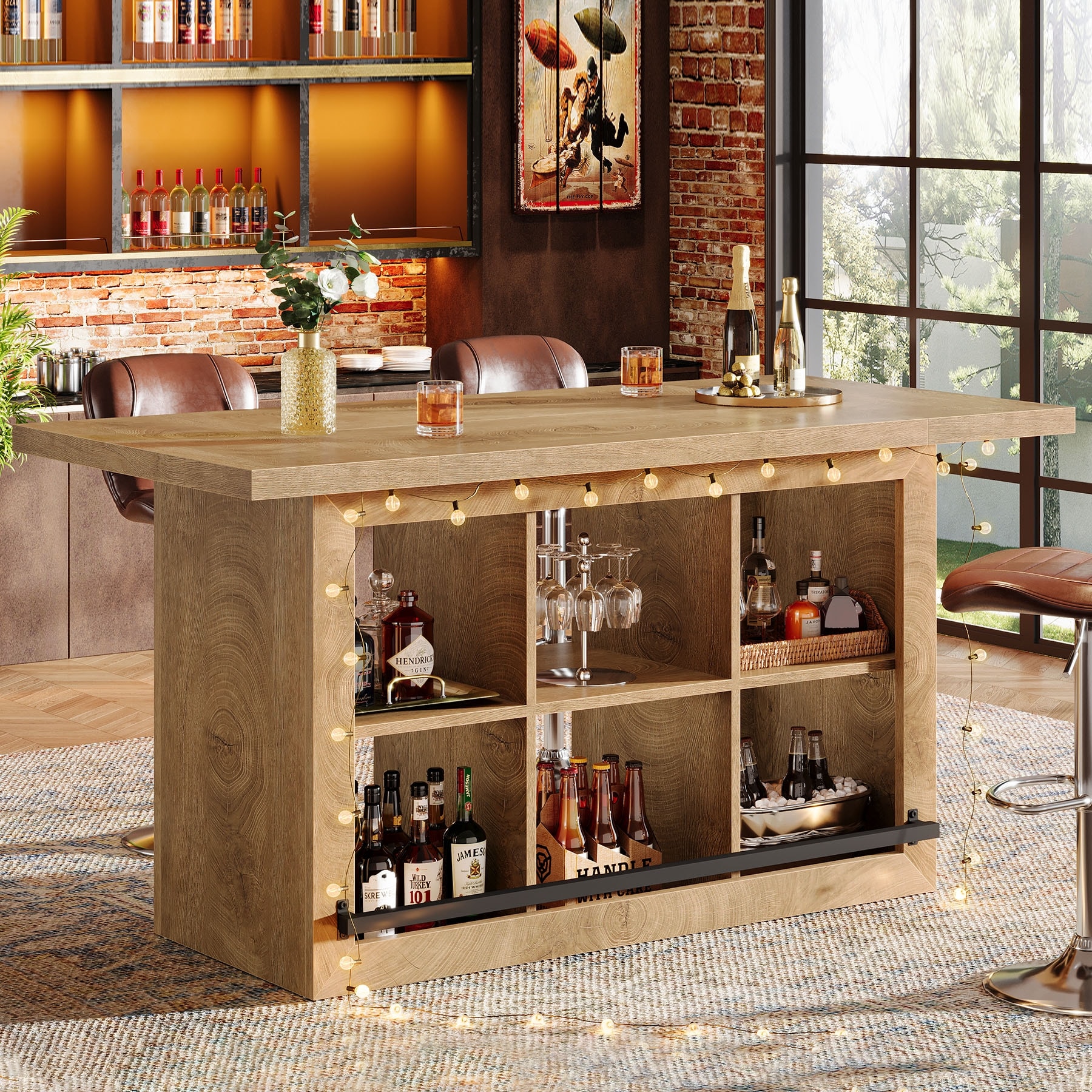 Counter Height Bar Table with Storage, Home Bar Cabinet Unit