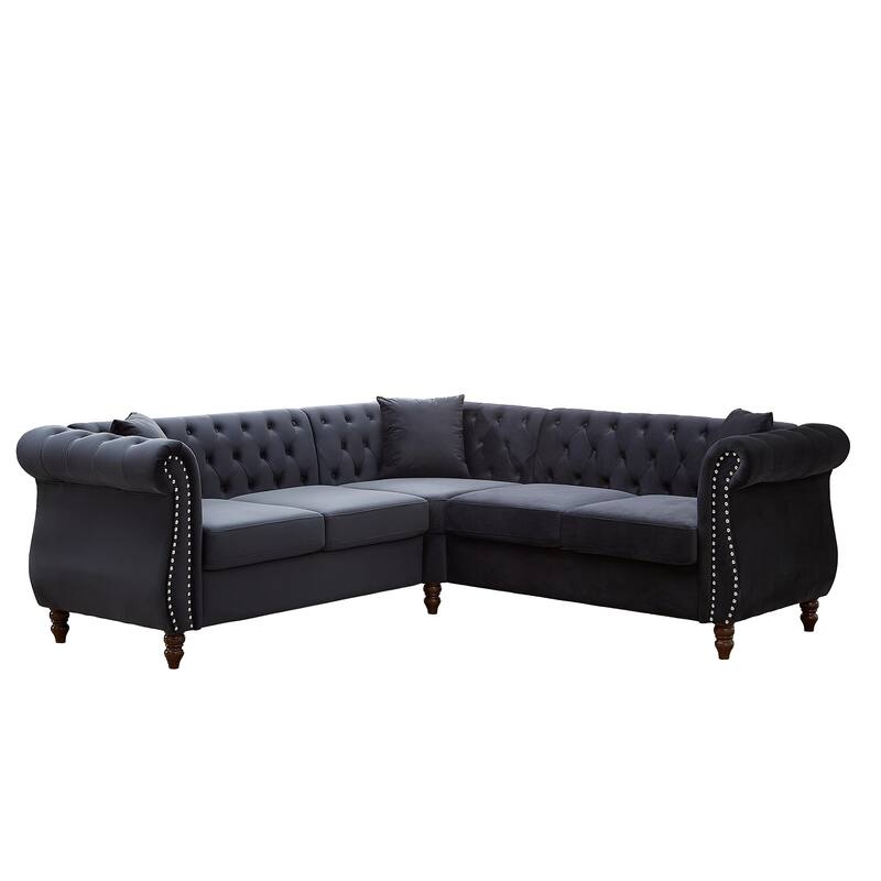 L-shape Corner Sectional Sofa with Button Tufted Back and 3 Pillows