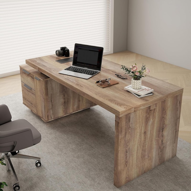 WESOME Modern Width Adjustable Executive Desk with Storage Cabinet for Home Officec