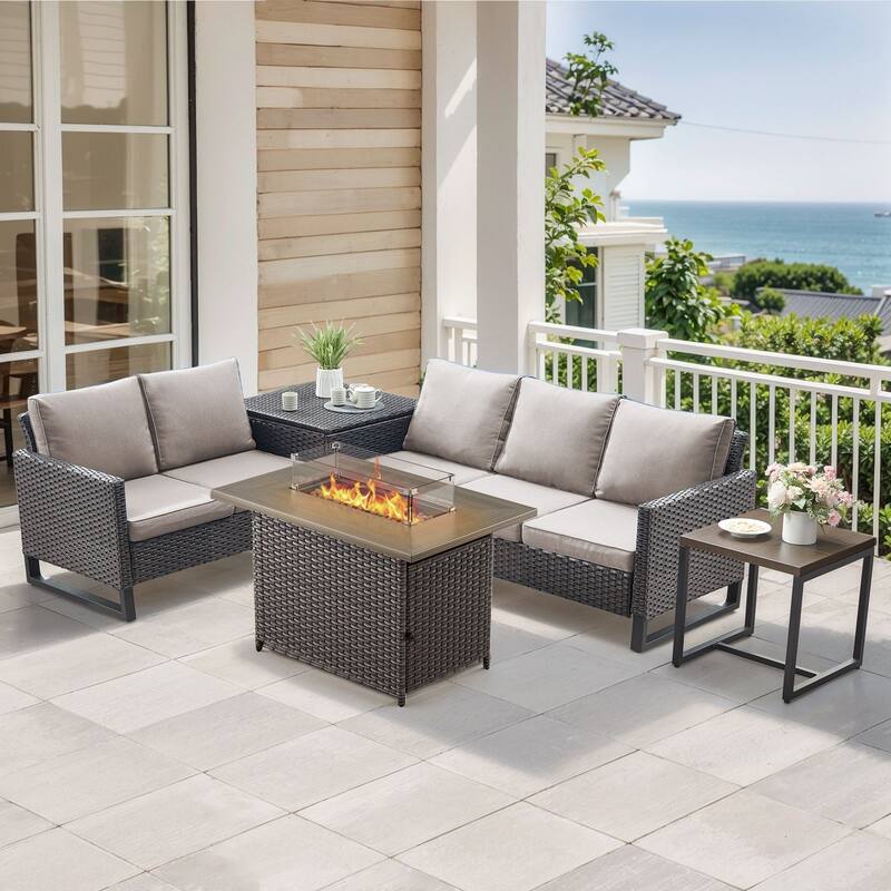 Gymojoy 5 Piece Wicker Outdoor Patio U-shaped feet Conversation Set Group , Include Fire Pit Table