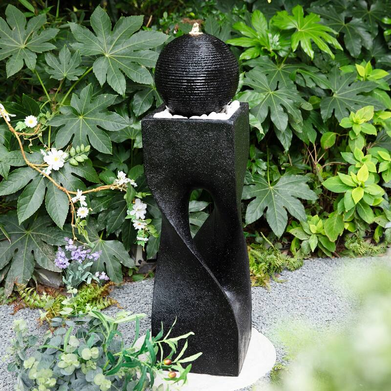 Glitzhome Modern Geometric Oversized Pedestal Sphere Polyresin Outdoor Floor Fountain with Pebbles