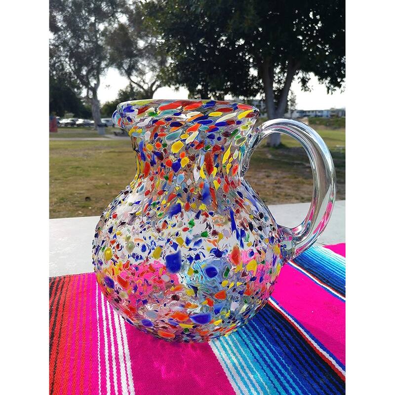 Dos Suenos Mexican Hand Blown Glass Pitcher - Confetti Rock Design (84 oz)