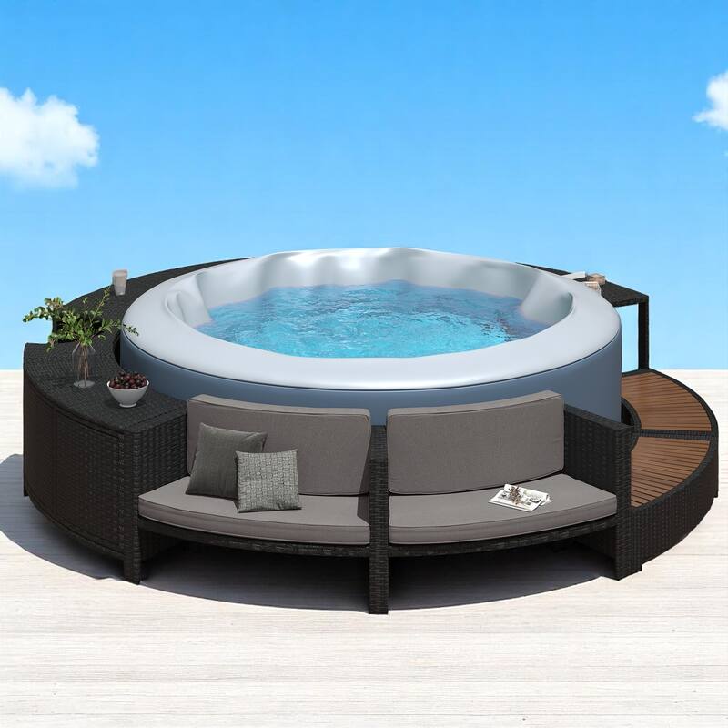 4-Piece Outdoor Patio Spa Surround Furniture Set with Cushioned and Wooden Seating, Mini Sofa, Storage Cabinet
