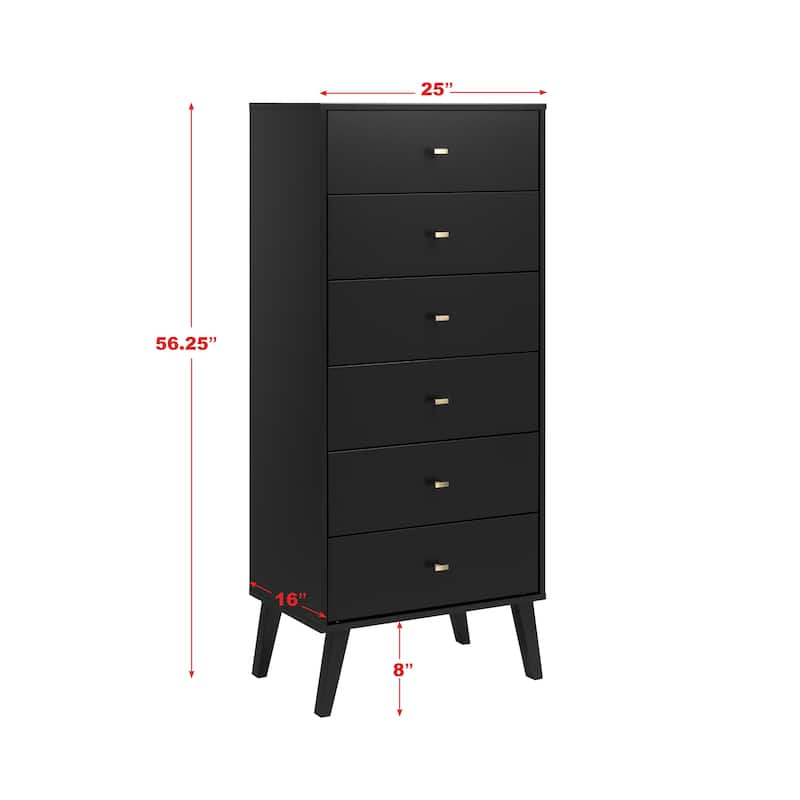 Prepac Milo Mid-Century Modern 6 Drawer Dresser, Tall Chest of Drawers, Retro Bedroom Furniture, Lingerie Dresser