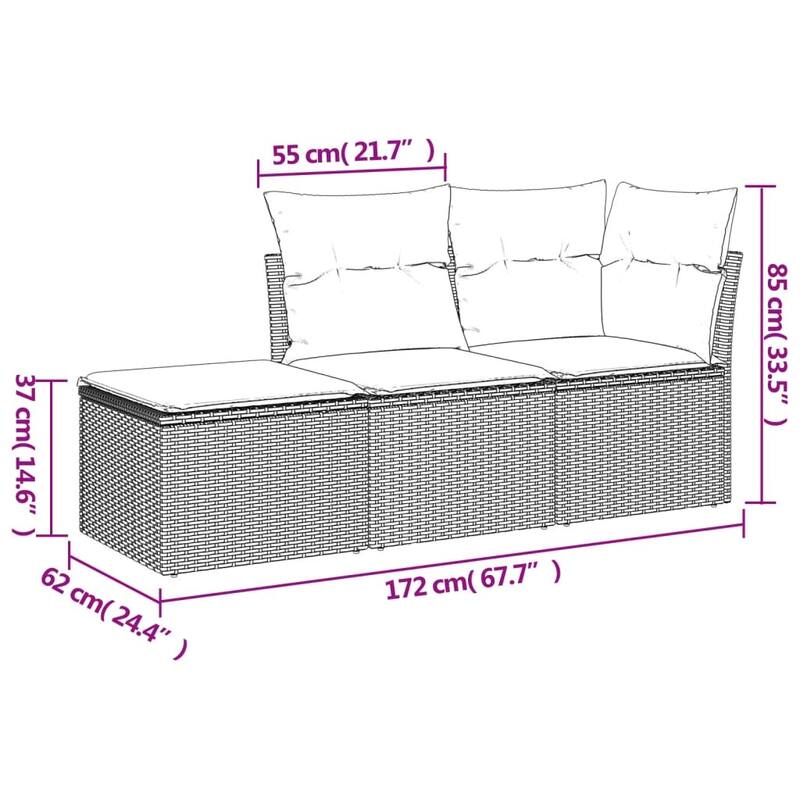 vidaXL Patio Sofa Set with Cushions Outdoor Furniture 3 Piece Poly Rattan - 21.7 x 21.7 x 14.6