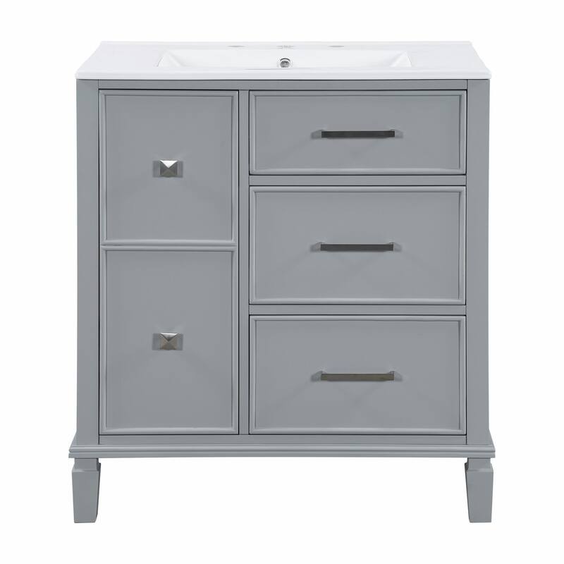 30" Bathroom Vanity with Ceramic Sink, Flip-Out Plumbing Drawer, Soft Close Doors & Drawers