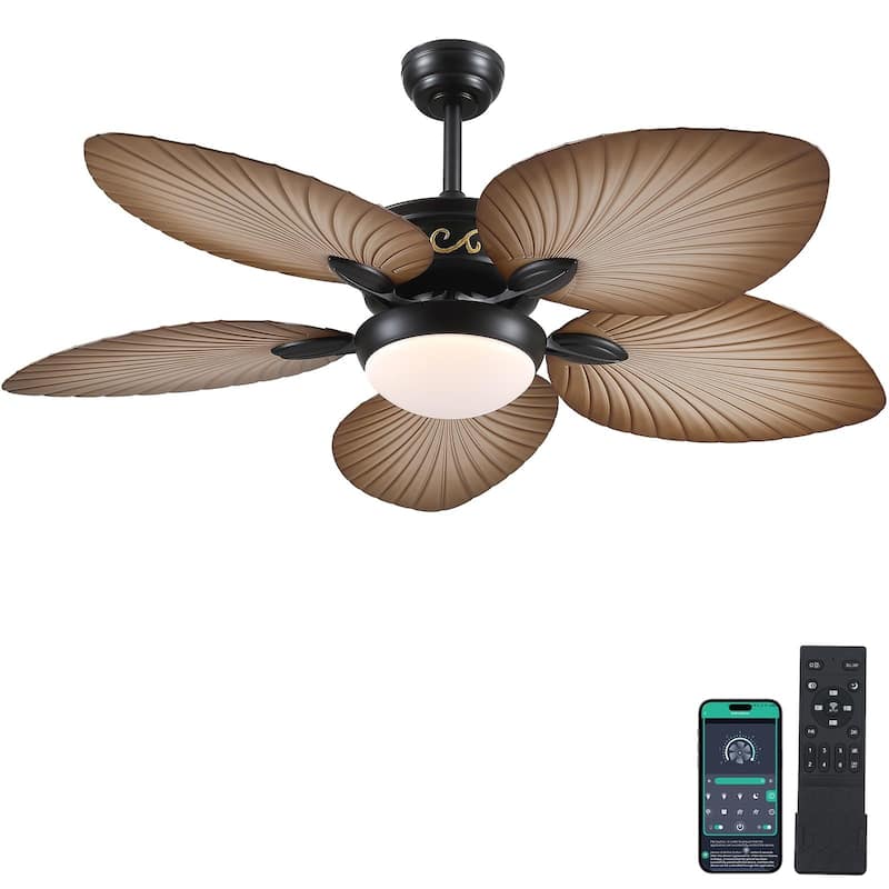 44"/52" Palm Leaf Tropical Ceiling Fan with Light,Indoor and Outdoor Ceiling Fan,Waterproof - 52"-Wood Grain