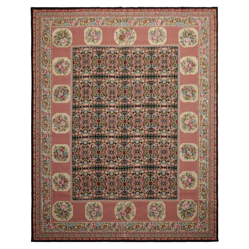 7'8''x9'8'' Hand Woven Wool Black Aubusson Needlepoint Floral Area Rug - 7' 8'' x 9' 8'' - 7' 8'' x 9' 8''