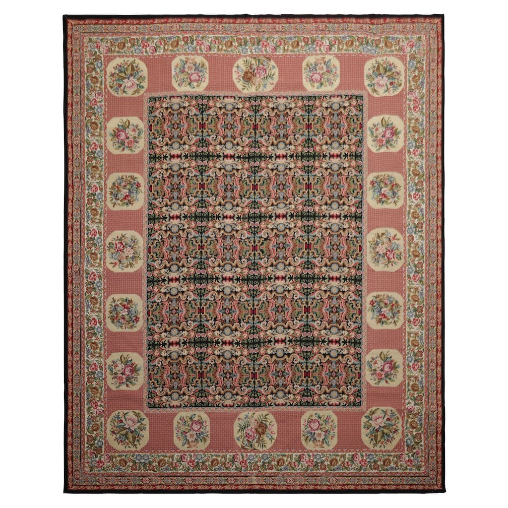 7'8''x9'8'' Hand Woven Wool Black Aubusson Needlepoint Floral Area Rug - 7' 8'' x 9' 8''