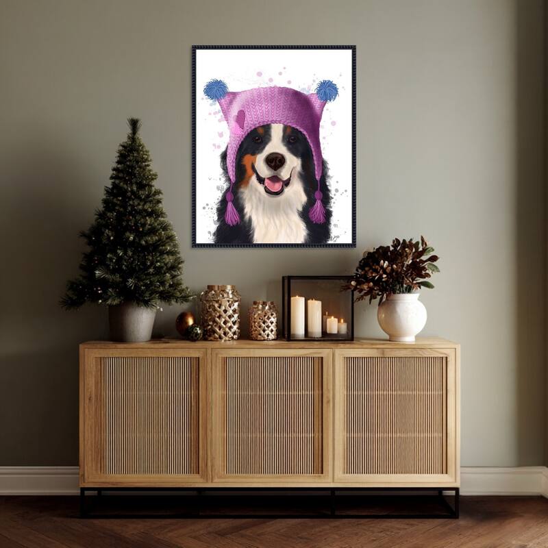 Bernese And Bobble Hat by Fab Funky (23 x 28 in.), Framed Canvas Wall Art Print - Sylvie Beaded Black
