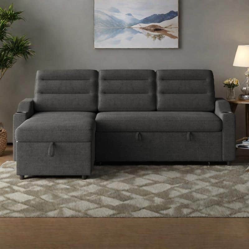 83.5" Fabric Convertible 3-Seater Sleeper Sofa with Pull-Out Bed, Recliner, Storage Pocket, and Cup Holder - Black