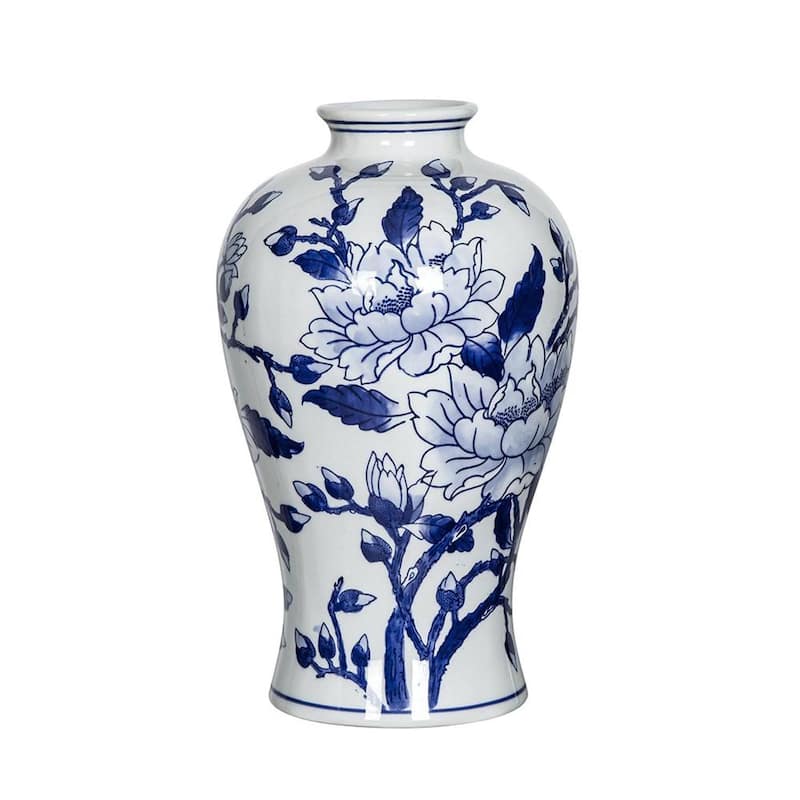 13" Blue And White Floral Chinoiserie Round Porcelain Table Vase - 8.00