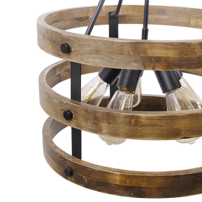 Modern Farmhouse 5-Light Drum Wood Chandeliers Cage Pendant Light for Dining Room - 18" D x 23" H