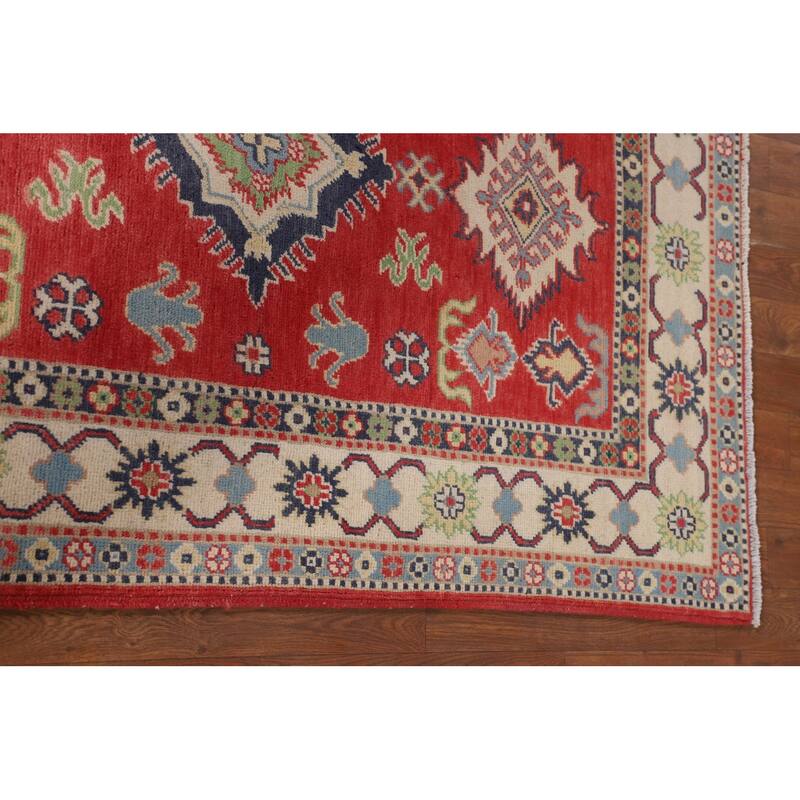 Geometric Kazak Accent Rug Handmade Red Wool Carpet - 3'4" x 5'0"