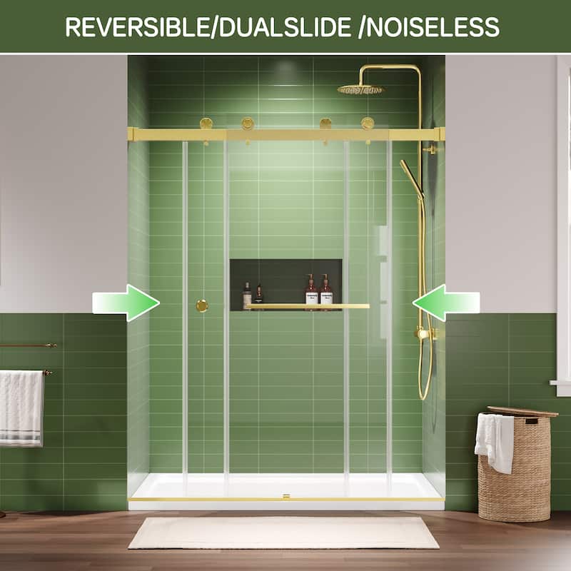 72" x 59" Frameless Double Sliding Shower Door, 8mm Easy-Clean Tempered Glass, 304 Stainless Hardware, Reversible