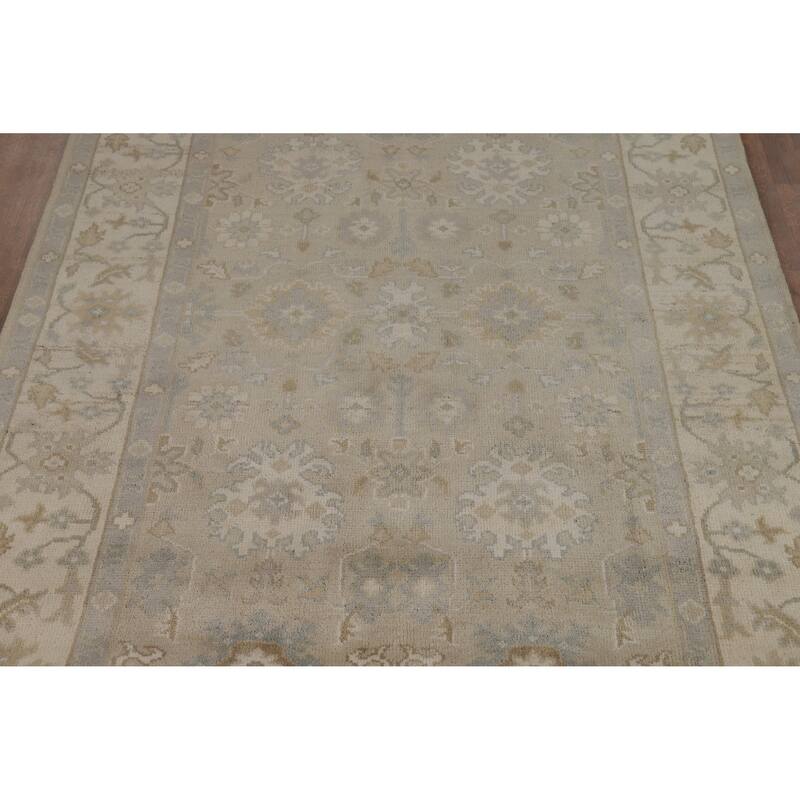 Transitional Beige Oushak Indian Area Rug Hand-Knotted Wool Carpet - 6'2" x 8'11"