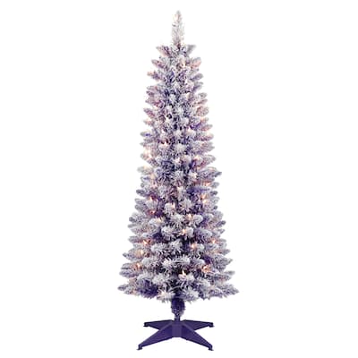 Puleo International Pre-Lit 4.5' Flocked Fashion Purple Pencil Artificial Christmas Tree with 100 Lights, Purple