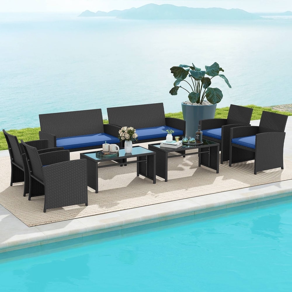 Gymax Set of 8 Patio Conversation Set w/Seat Cushions & Tempered Glass