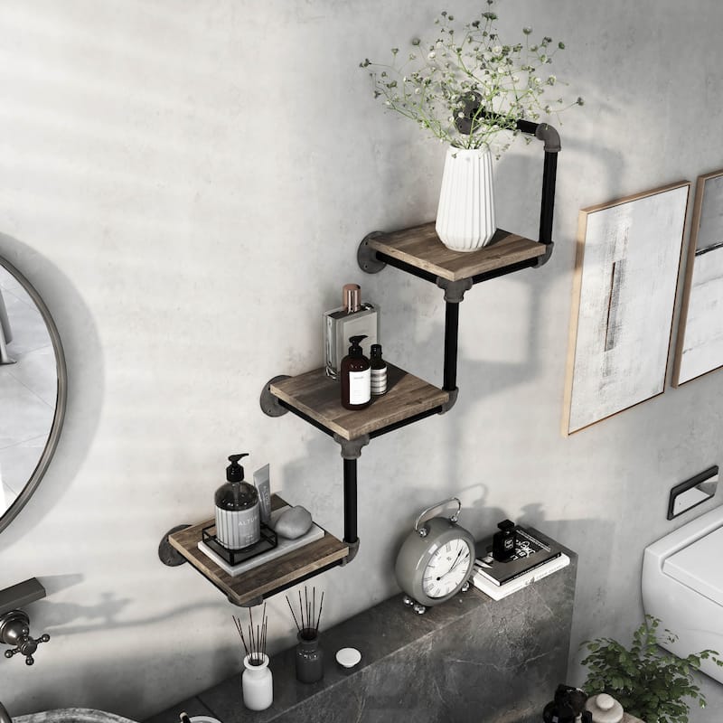 DH BASIC Industrial Reclaimed Oak Metal 3-Tier Wall Shelf by Denhour