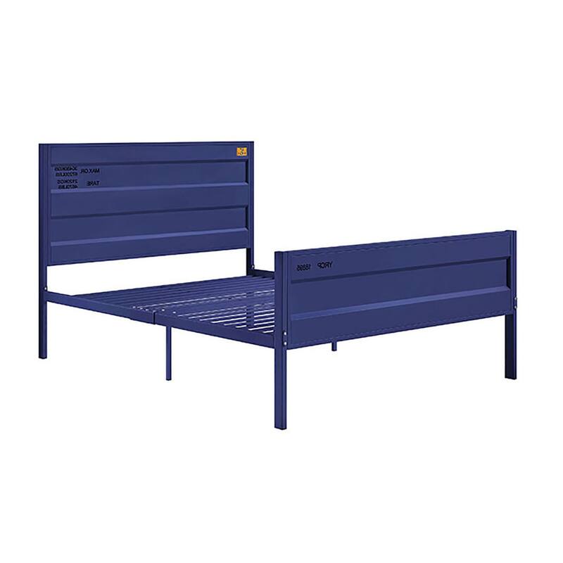 Blue Industrial Metal Full Platform Bed with Rectangular Headboard and Footboard