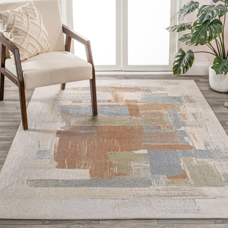 JONATHAN Y Gingham Abstract Coastal Watercolor Machine-Washable Cream/Multi Area Rug