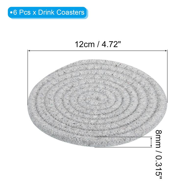 Absorbent Drink Coasters, 6Pcs 4.7" Handmade Woven Coaster Cotton - Light Gray