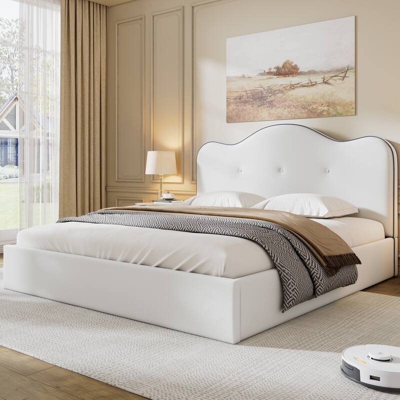 Beige Grounded Platform Bed Frame with Fabric Upholstered Headboard and Wooden Slats Support/No Box Spring Needed/Easy Assembly