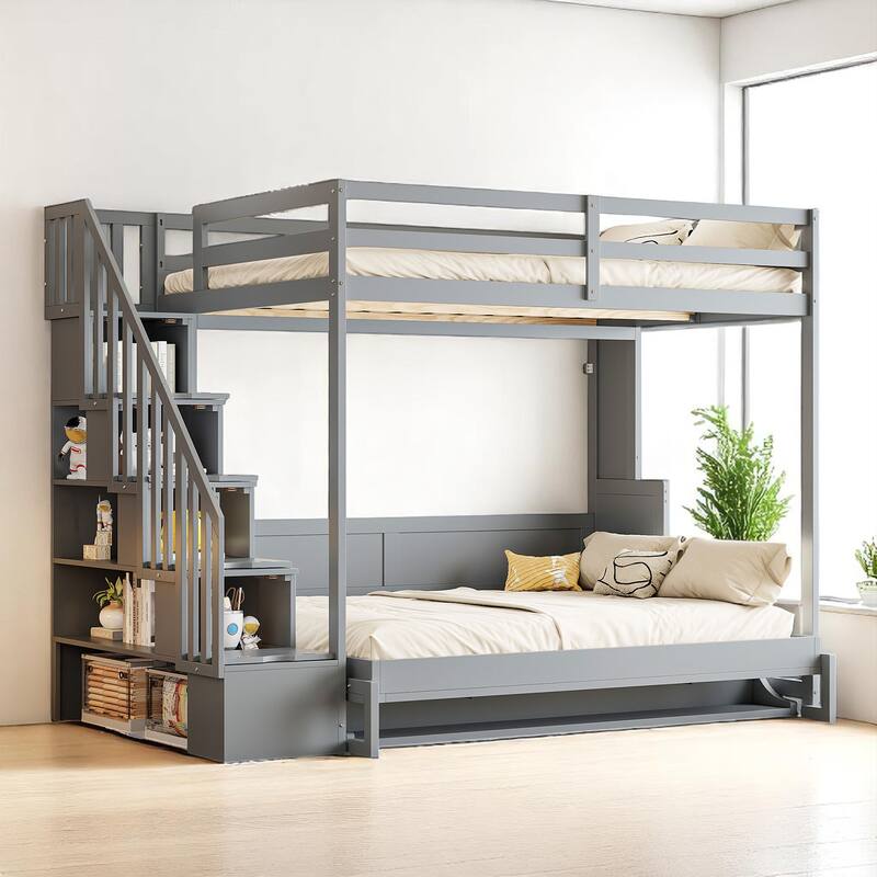 Full Size Wall Murphy Bed with Loft & Bunk Conversion, Hydraulic Lift, Hidden Desk, and Storage Steps