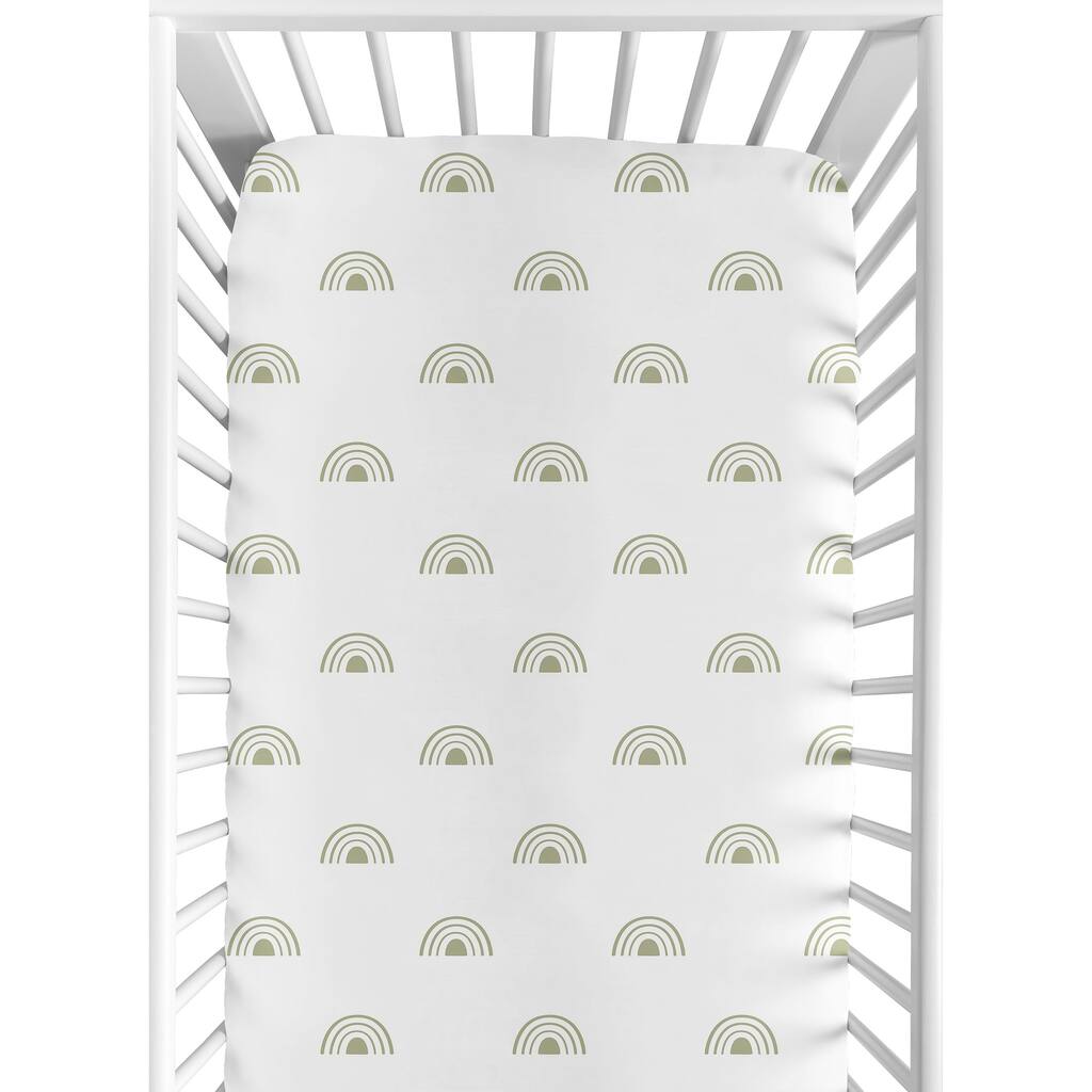 White and Sage Boho Rainbow Collection Boy Girl Fitted Crib Sheet - Green Bohemian Celestial Sky Gender Neutral Outdoors Nature