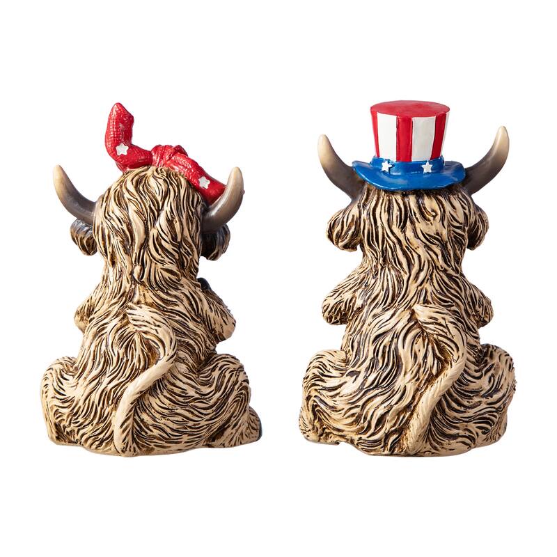 Glitzhome Set of 2 Patriotic July 4th Resin Highland Cows Table Decor