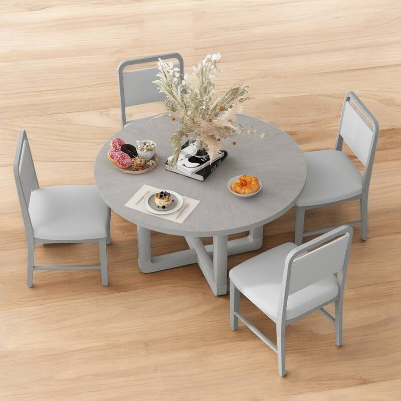 5-Piece Round Dining Table Set for 4 with Upholstered Chairs and Radial Wood Grain Design, Perfect for Dining Room and Kitchen