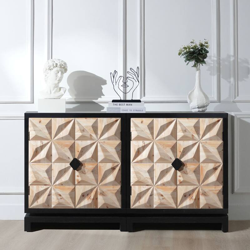 3D Geometric Carved Double-Door Cabinet - Manufactured Wood Storage Cabinet, Modern Decorative Furniture