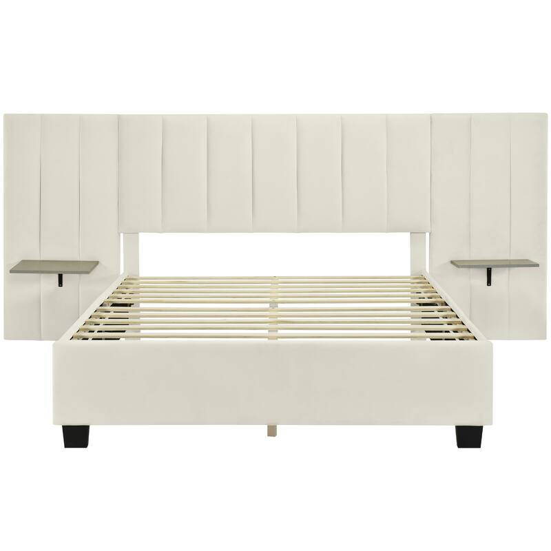 Platform Bed with Oversized Headboard, 2 Shelves, Velvet