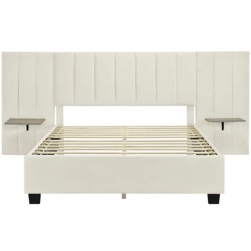 Queen Size Upholstered Platform Bed with Big Headboard, Bedroom Furniture, Velvet, Beige