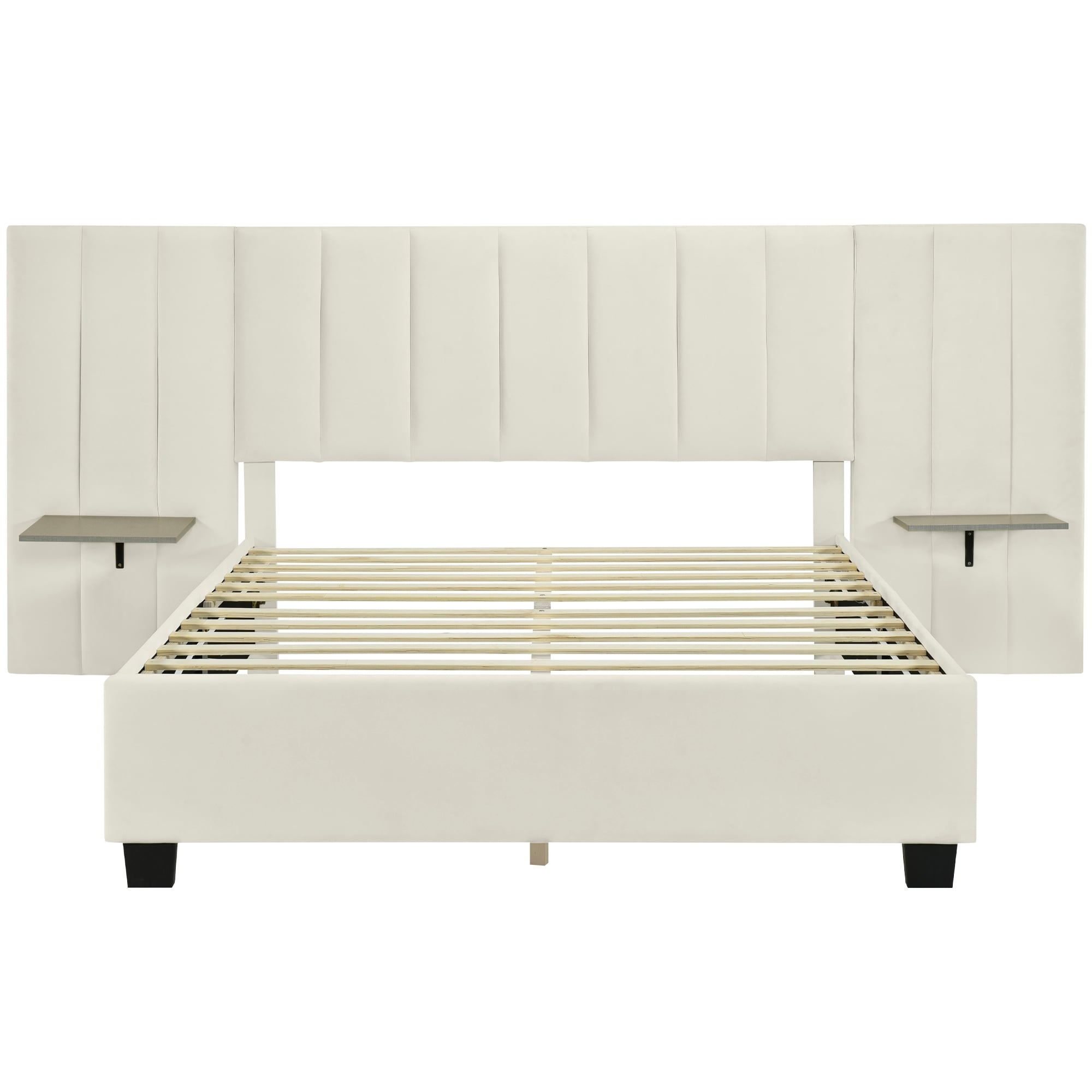 Queen Upholstered Platform Bed with Big Headboard & Shelves Beige