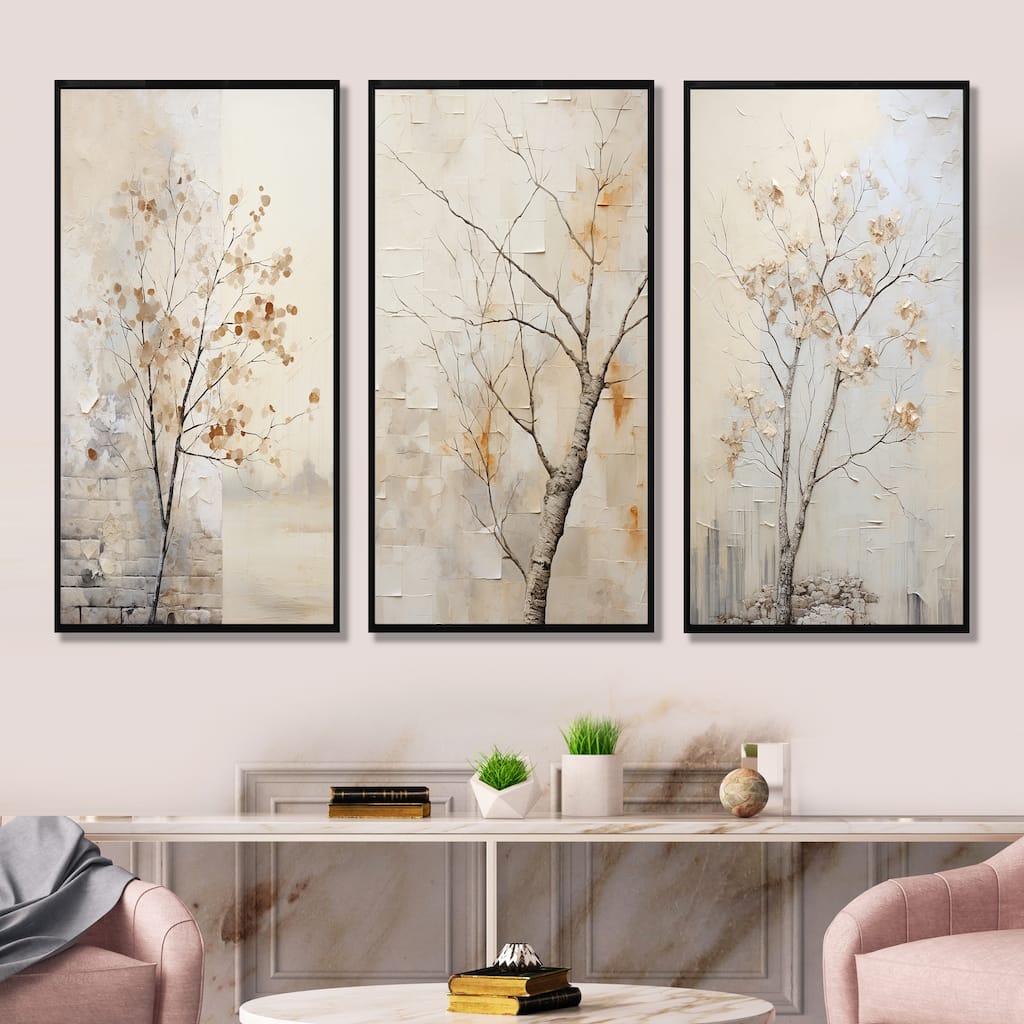 Designart "Minimalism Sycamore Tree Landscape" Tree Sycamore Framed Canvas Set of 3 Traditional Wall Art Decor 3 Pieces