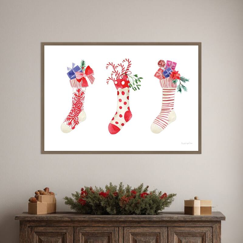 Decked Out Stockings by Mercedes Lopez Charro (33 x 23 in.), Framed Canvas Wall Art Print - Sylvie Dark Gold