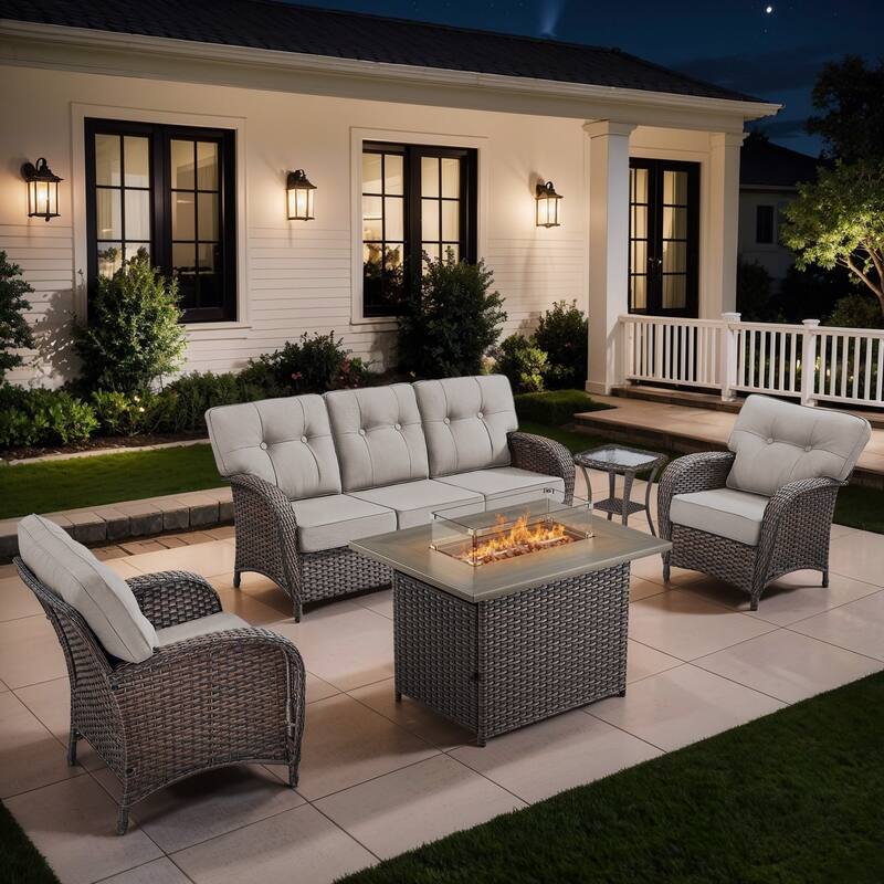 Gymojoy 5-Piece Outdoor Wicker Patio Furniture Sofa Set with 55,000 BTU Fire Pit Table, Thick Cushions