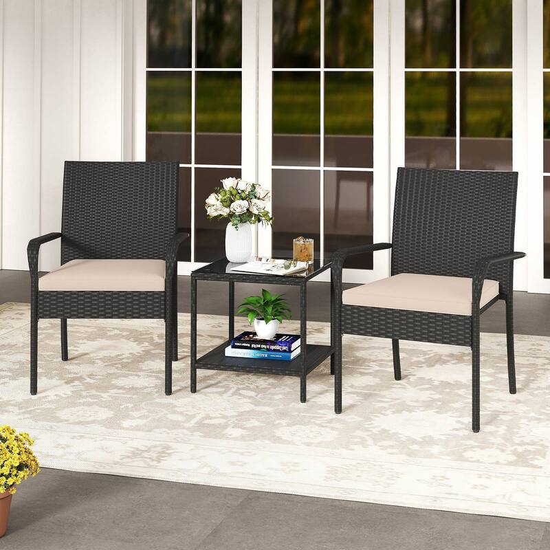 Gymax 3 Piece Patio Furniture Set Outdoor Wicker Chair & Table Set w/