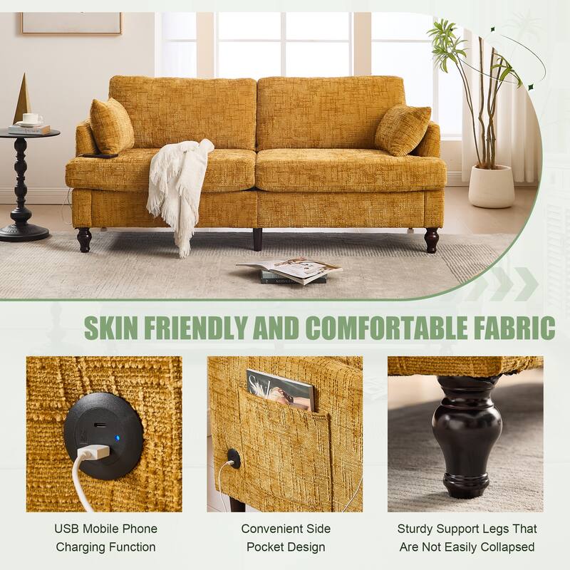 Modern Style Chenille 2-Seater Wood-Legged Sofa With Led Light, Usb Charging Port And Storage Bag Living Room Bedroom Study Room