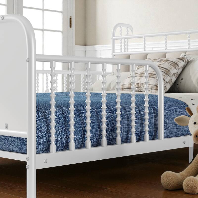 Twin/Full Size Metal Platform Bed with LED Lights and Upholstered Headboard, Kids Bed Frame with Storage Shelf