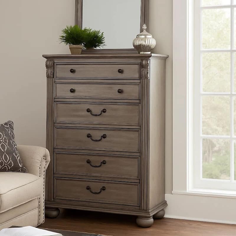 Aza 51 Inch Classic 6 Drawer Tall Dresser Chest, Metal Drop Handles, Gold