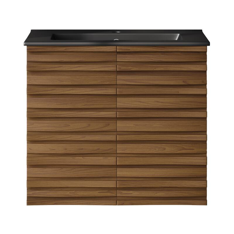 Cascade 24" Wall-Mounted Bathroom Vanity In Brown Oak With Black Sink Top - 24