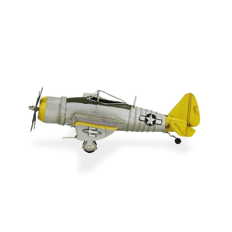 HomeRoots 4" Yellow and Gray Metal Hand Painted P-47D Thunderbolt Model Airplane - 14' X '3.75' X '12.25
