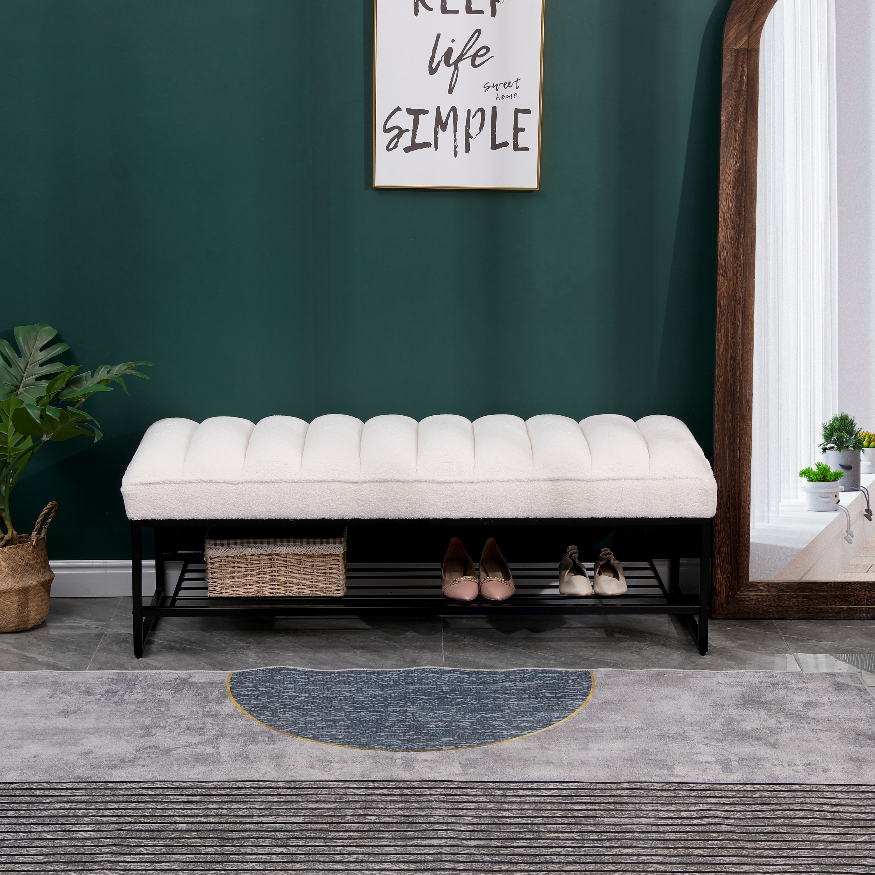Tufted Bench with Metal Shelf for Bedroom Living Room Entryway