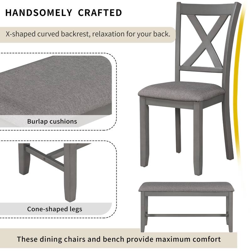 Traditional 6-Piece Wooden Dining Table Set with 4 Upholstered Chairs and Bench